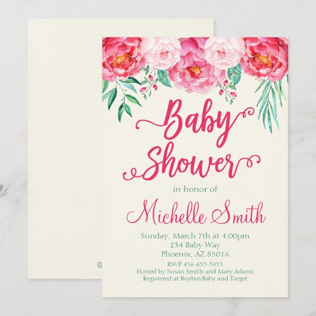 Invitation Baby shower floral, Invitation Baby sho (Devant / Derrière)