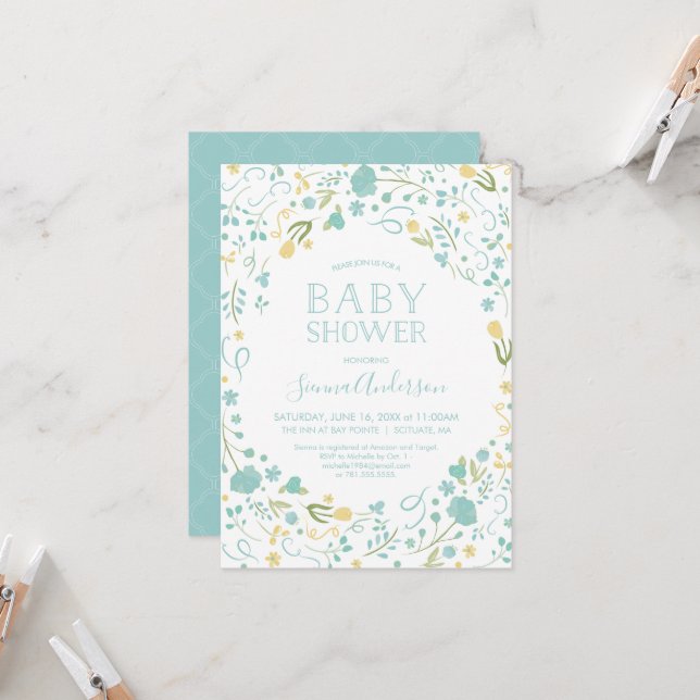 Invitation baby shower - Floral, Invitation person (Devant/Arrière en situation)