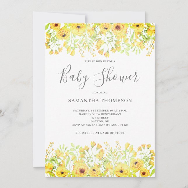 Invitation Baby shower floral jaune (Devant)