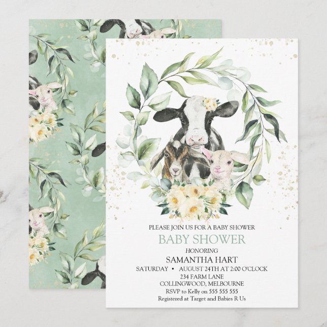Invitation Baby shower Floral Jaune de verdure (Devant / Derrière)