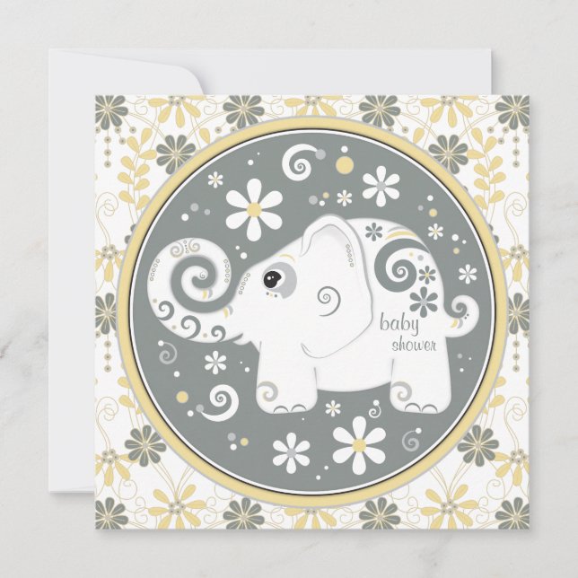 Invitation Baby shower floral jaune d'éléphant (Devant)