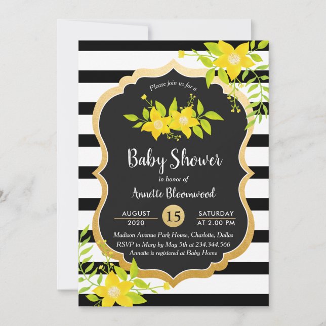 Invitation Baby shower | Floral jaune | Élégantes rayures (Devant)