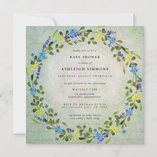 Invitation Baby shower floral jaune et bleu rustique (Devant)