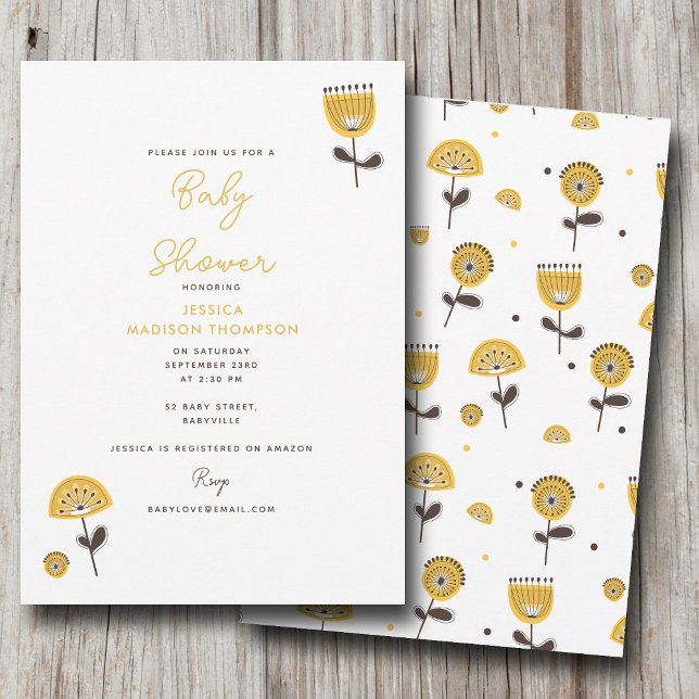 Invitation Baby shower Floral Jaune moderne du milieu du sièc (Mid Century Modern Yellow Floral Baby Shower Invitation)