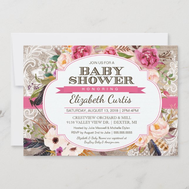 Invitation Baby shower Floral & Lace Boho Rose d'aquarelle (Devant)