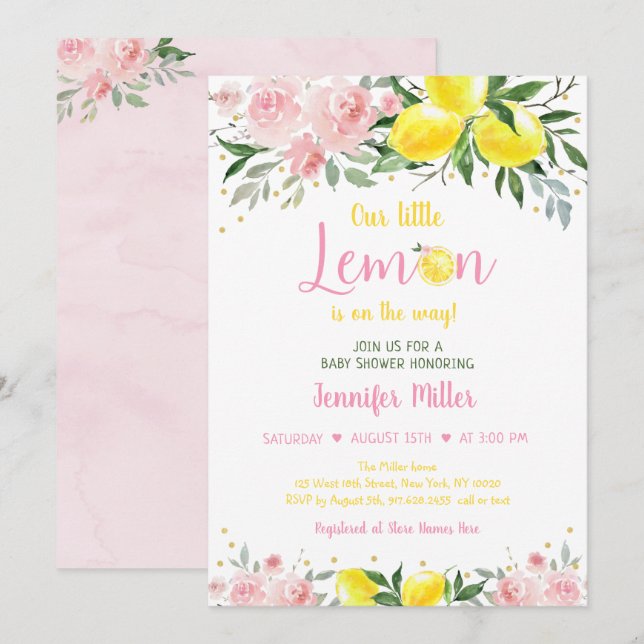 Invitation Baby shower Floral Lémonade Sunshine Rose or (Devant / Derrière)
