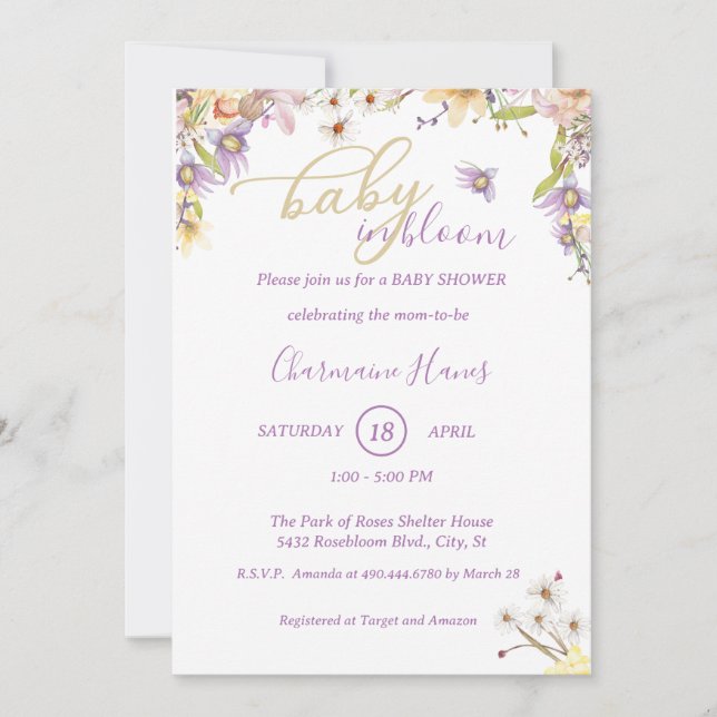Invitation Baby shower floral Lilac (Devant)