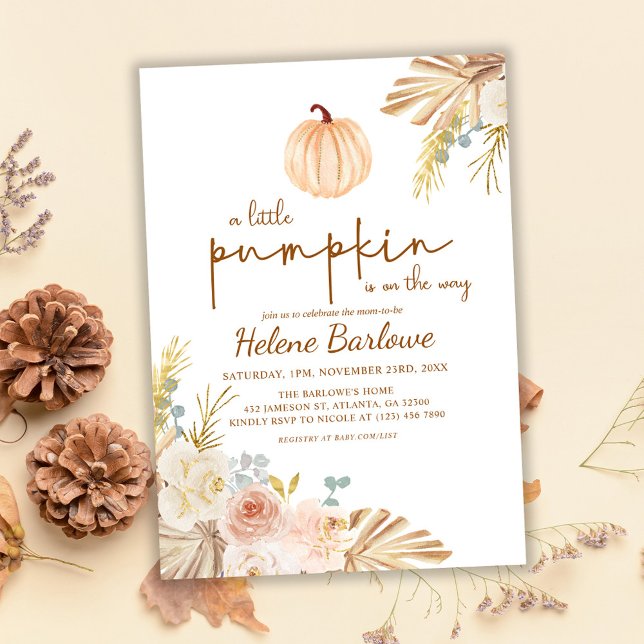 Invitation Baby shower Floral Little Citrouille Boho (Floral Little Pumpkin Boho Baby Shower Invitation)