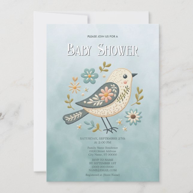Invitation Baby shower Floral Little Green Bird (Devant)