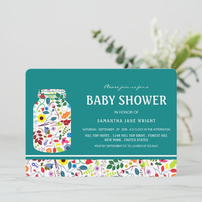 Invitation Baby shower Floral Mason Jar (Debout devant)