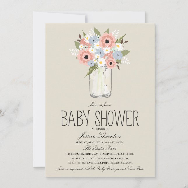 Invitation Baby shower Floral Mason Jar (Devant)