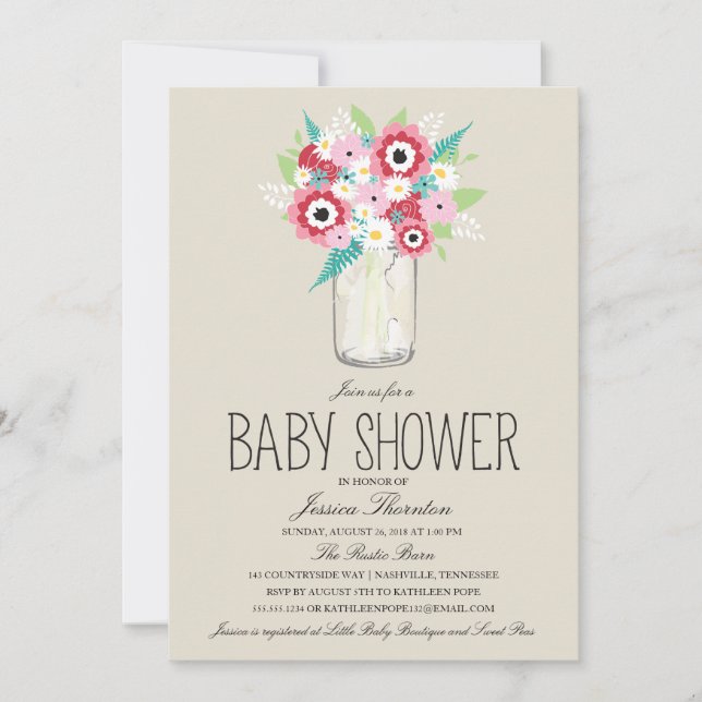 Invitation Baby shower Floral Mason Jar (Devant)