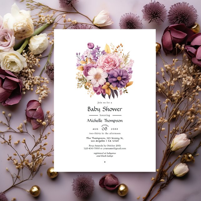 Invitation Baby shower floral mauve et or (Créateur téléchargé)