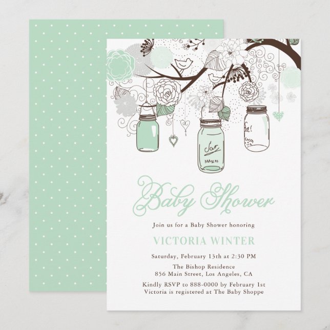 Invitation Baby shower Floral Mint Green Hanging Mason Jars (Devant / Derrière)