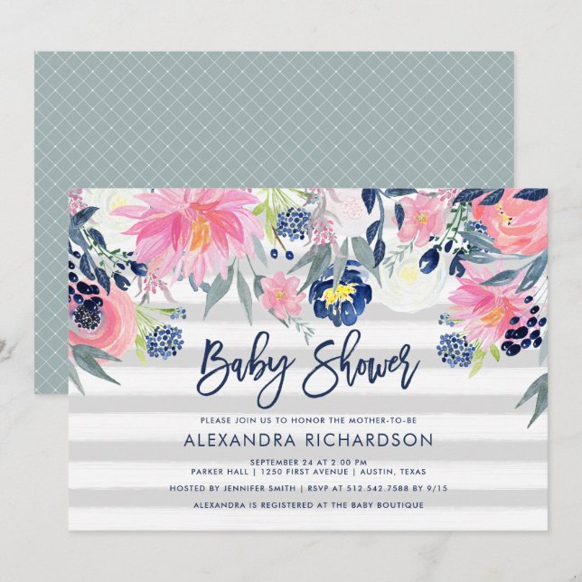 Invitation Baby shower floral moderne Blush et Navy (Devant / Derrière)