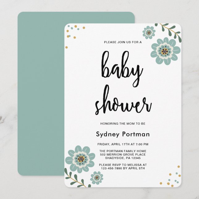 Invitation Baby shower Floral moderne et Confetti (Devant / Derrière)