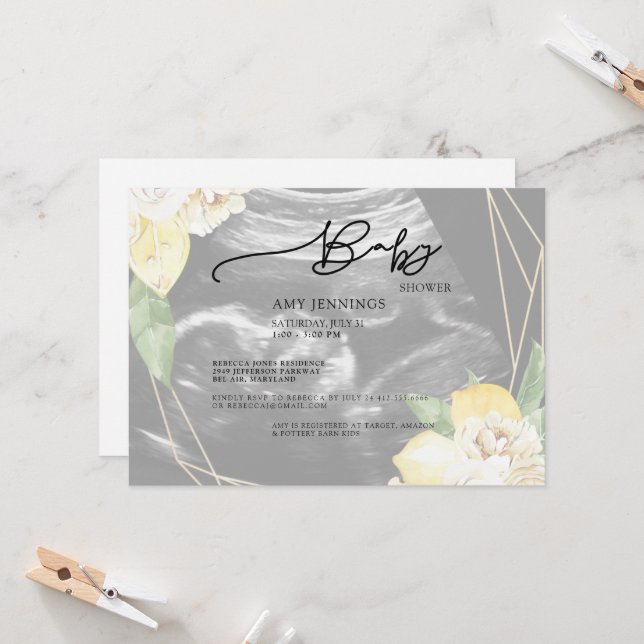 Invitation Baby shower floral moderne Faded Ultrasound (Devant/Arrière en situation)