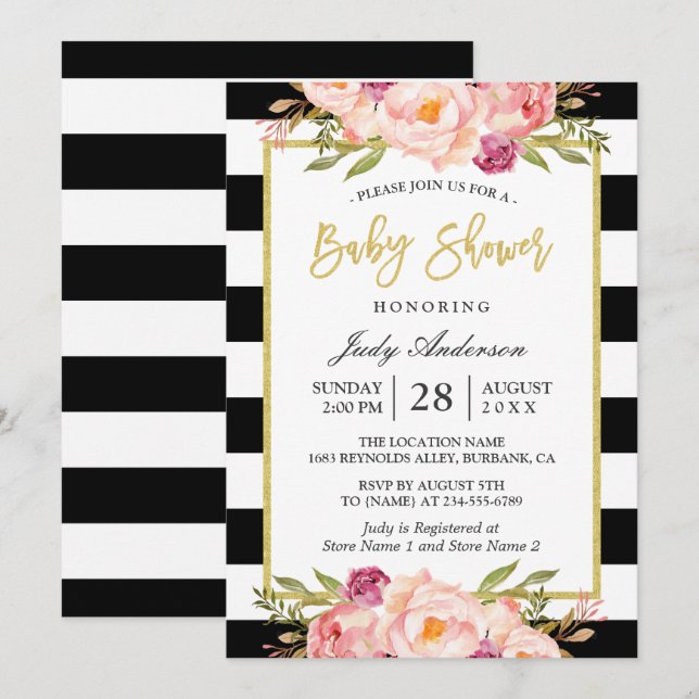 Invitation Baby shower Floral moderne Gold Black White Stripe (Devant / Derrière)