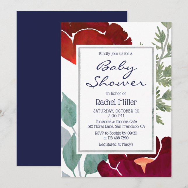 Invitation Baby shower floral moderne moderne d'aquarelle rou (Devant / Derrière)