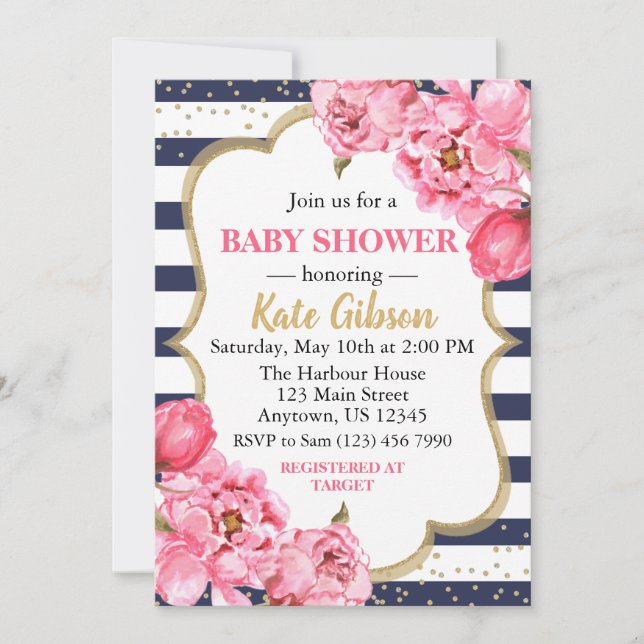 Invitation Baby shower floral Navy & Pink Peony (Devant)