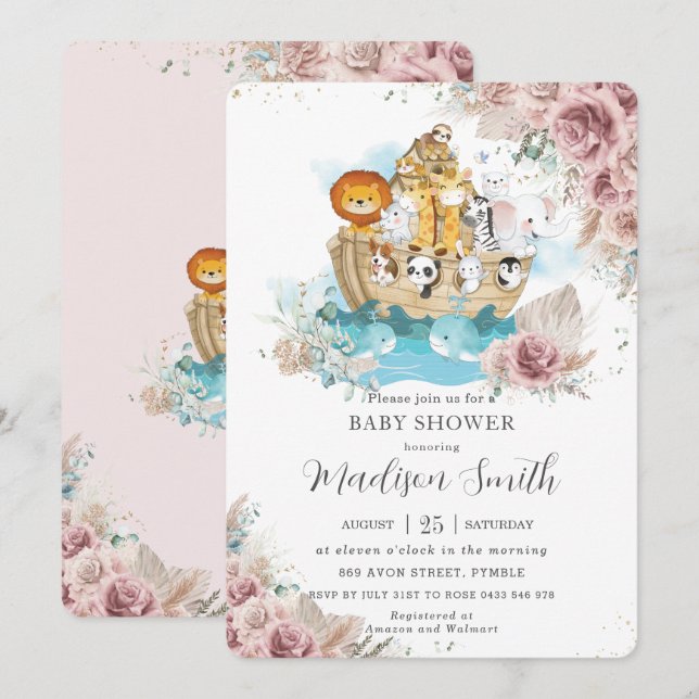Invitation Baby shower floral Noah's Ark Pampas Grass Blush (Devant / Derrière)