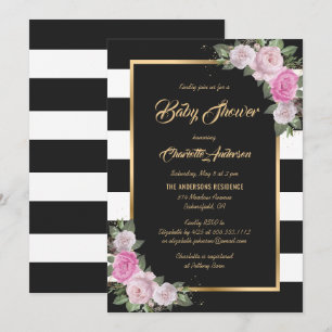 Invitation Baby shower floral noir blanc noir rose