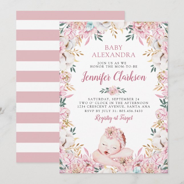 Invitation Baby shower floral nouveau-né (Devant / Derrière)