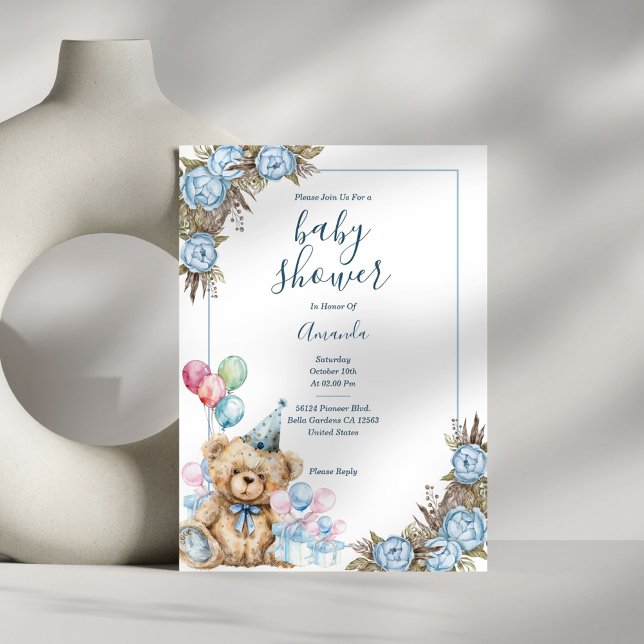Invitation Baby shower Floral Ours Bleu Cute (Créateur téléchargé)