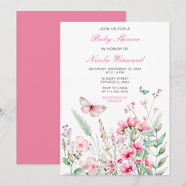 Invitation Baby shower floral papillon rose printanier (Devant / Derrière)