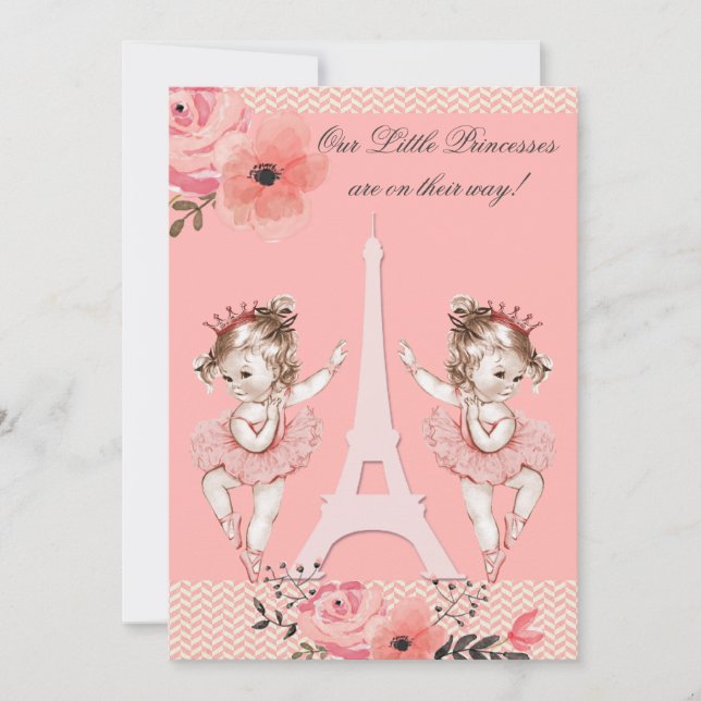 Invitation Baby shower Floral Paris Chic Twin Ballerinas (Devant)
