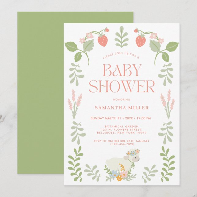 Invitation Baby shower floral Pastel vert et rose (Devant / Derrière)