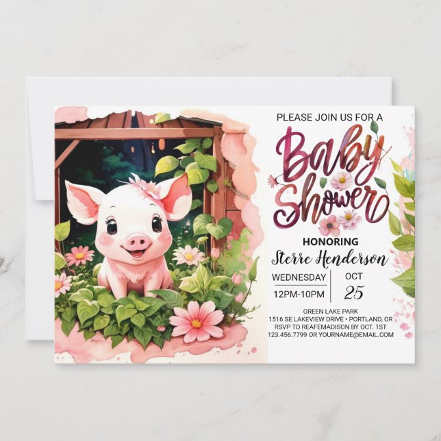 Invitation Baby shower floral Piggy Pink Party (Devant)