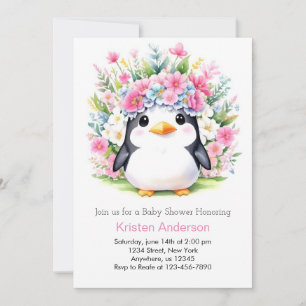 Invitation Baby shower Floral Pingouin rose mou