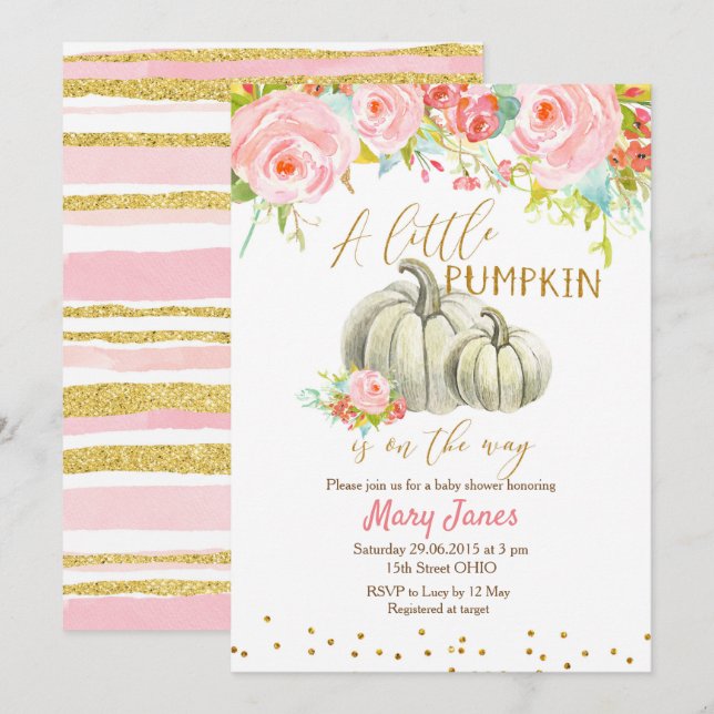 Invitation Baby shower Floral Pink Gold (Devant / Derrière)