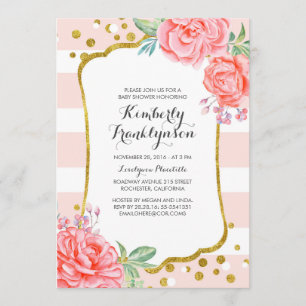 Invitation Baby shower Floral Pink Stripes Gold Confetti