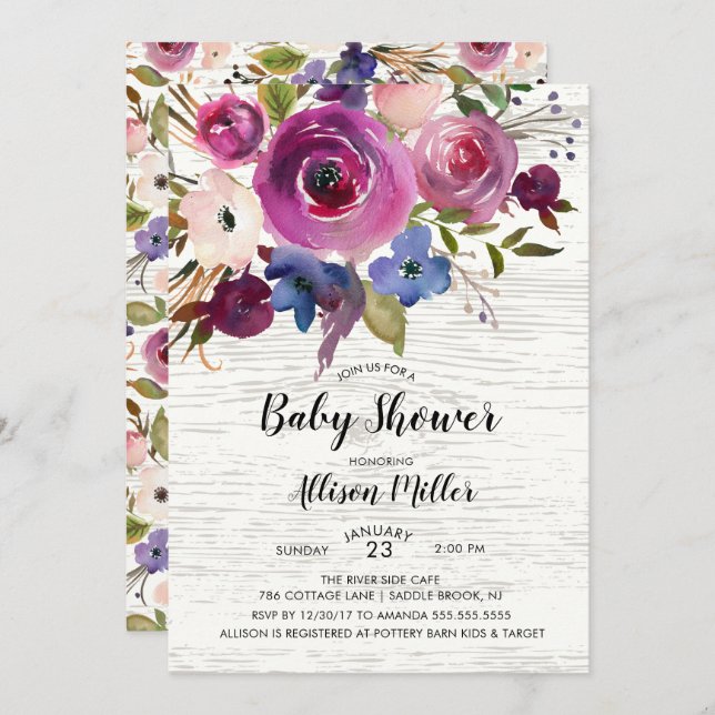 Invitation Baby shower Floral Plum Bleu Rustique (Devant / Derrière)