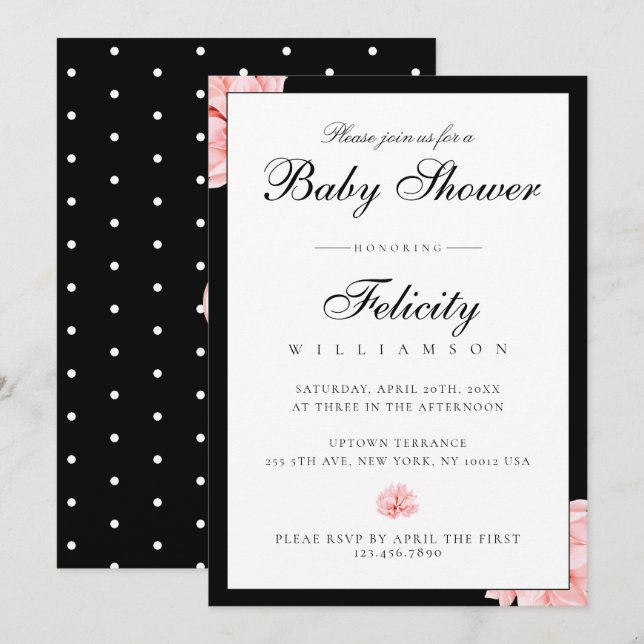 Invitation Baby shower floral Pois blanc noir élégant (Devant / Derrière)