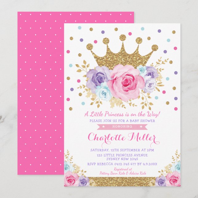 Invitation Baby shower floral pourpre de rose royal de (Devant / Derrière)