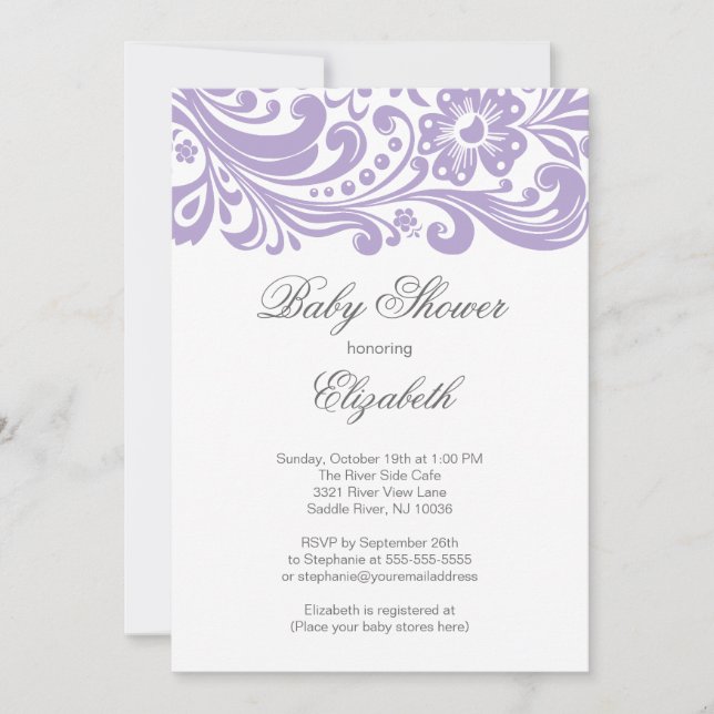 Invitation Baby shower floral pourpre mou moderne de remous (Devant)