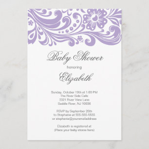 Invitation Baby shower floral pourpre mou moderne de remous