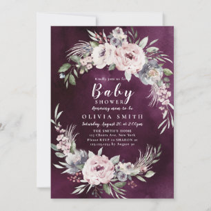 Invitation baby shower floral prune et saumon rose poussiéreu