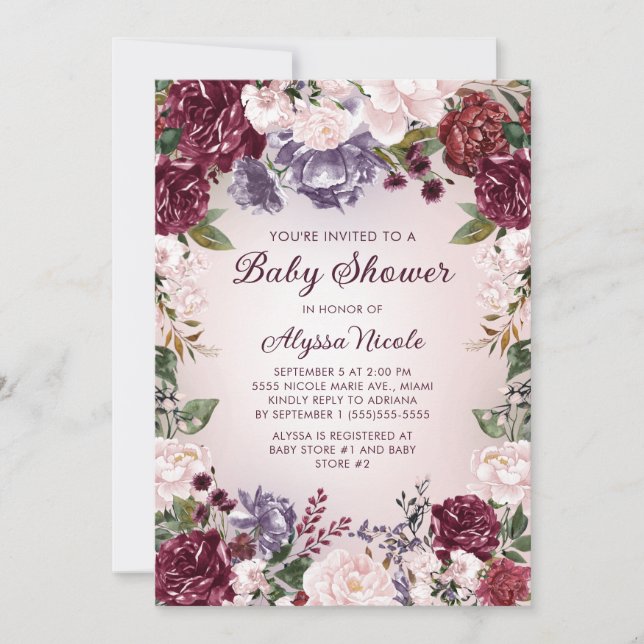Invitation Baby shower Floral Purple Rose Bourgogne (Devant)