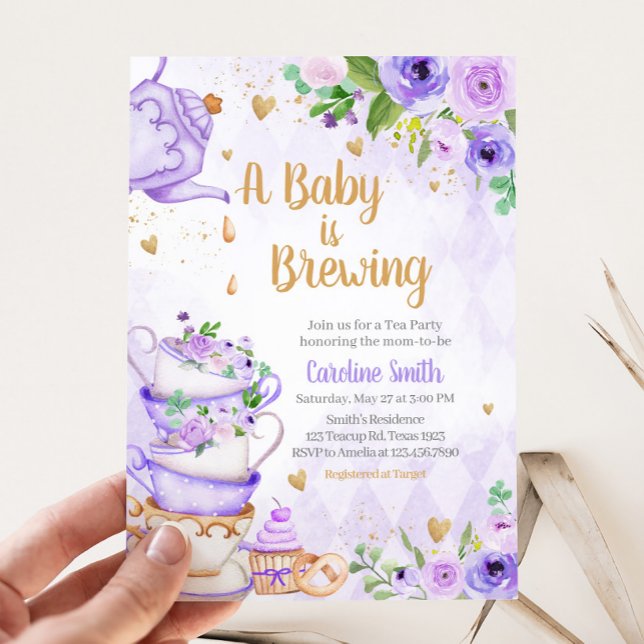Invitation Baby shower Floral Purple Tea Party (Tea Party Baby Shower Invitation
)