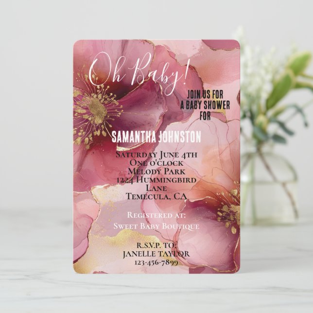 Invitation Baby shower floral rose bordeaux doré (Debout devant)