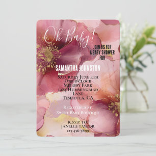 Invitation Baby shower floral rose bordeaux doré