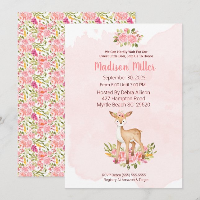 Invitation Baby shower floral rose cerf de bois Invitati (Devant / Derrière)