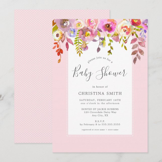 Invitation Baby shower floral rose chic (Devant / Derrière)
