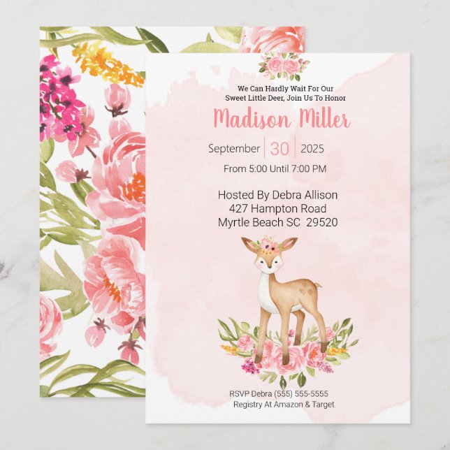 Invitation Baby shower Floral rose de cerfs de bois (Devant / Derrière)