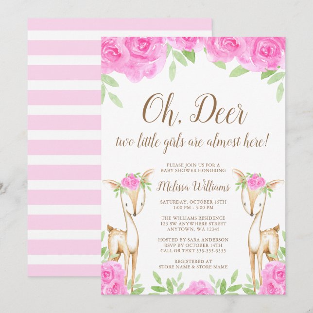 Invitation Baby shower floral rose de fille de jumeau de (Devant / Derrière)
