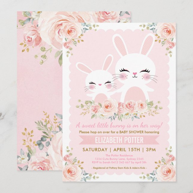 Invitation Baby shower floral rose de fille de lapin/lapin (Devant / Derrière)